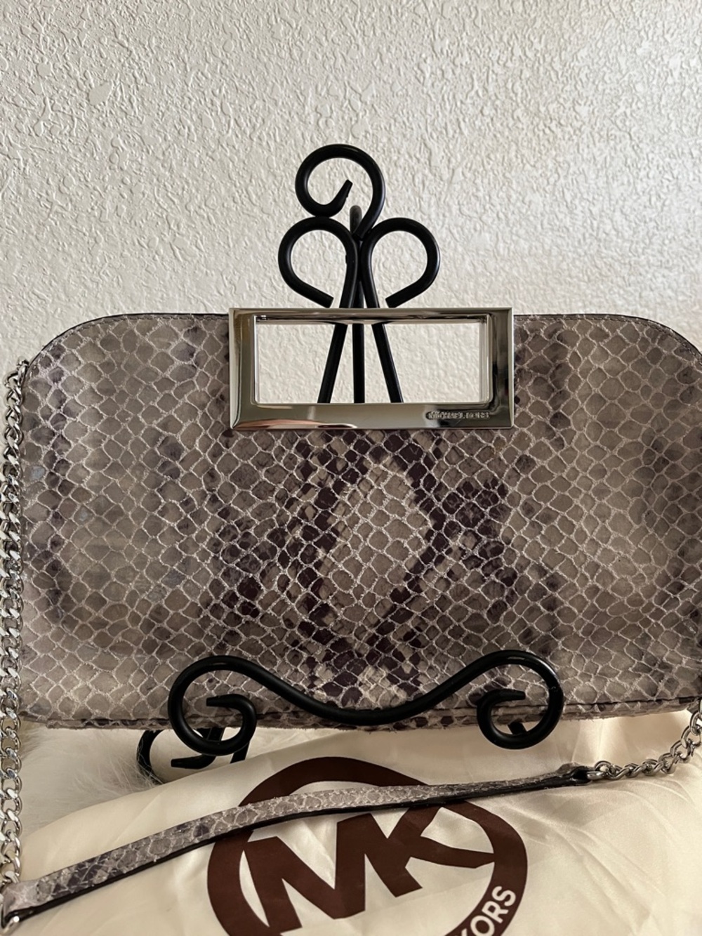 EUC Michael Kors Taupe Gray Snake-Print Chain Clutch